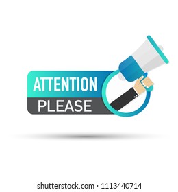 Attention please. Badge with megaphone icon. Flat vector stock illustration on white background.