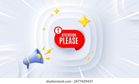 Attention please banner. Neumorphic offer 3d banner, poster. Warning chat bubble sticker. Special offer label. Attention please promo event background. Sunburst banner, flyer or coupon. Vector