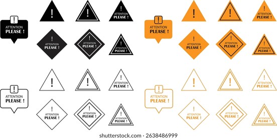 Attention please bubble flat, outline icon set. Vectors danger warning, important message or exclamation mark signs. Announcement information symbols illustration for business, marketing, advertising.