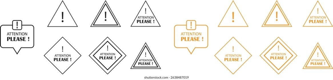 Attention please bubble outline icons set. Vectors danger warning and important message or exclamation mark sign. Announcement information symbols illustration for business, marketing and advertising.