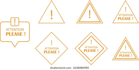 Attention please bubble yellow outline icons set. Vectors danger warning, important message or exclamation mark sign. Announcement information symbol illustration for business, marketing, advertising.