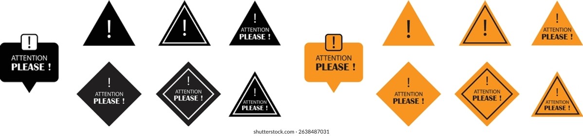 Attention please bubbles flat icons set. Vectors danger warning and important message or exclamation mark signs. Announcement information symbols illustration for business, marketing and advertising.