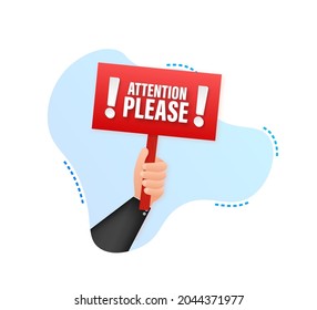 Attention please. Business infographic template. Placard with hand banner. Vector stock illustration.