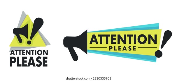 Attention please, caution and awareness symbol or sign. Isolated icon with an exclamation point and megaphone for shouting. Logotype or emblem, logo or promotional banner. Vector in flat style