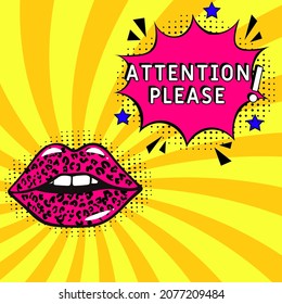 ¡Atención, por favor! en el estilo de arte pop cómico. ¡Atención, por favor! palabra de juego brillante. Explosión de historietas con texto ¡Atención por favor! Ilustración de dibujos animados brillantes en estilo retro de arte pop. 