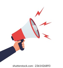 Attention please. Hand hold megaphone. Speaker, loudspeaker. Advertising and promotion symbol. Bullhorn cartoon. Social media marketing concept. Vector illustration flat design. Landing page template.