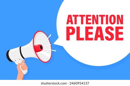 Atención, por favor. Altavoz del megáfono de la mano para anunciar. Atención, por favor. Gente gritando, símbolo de discurso publicitario