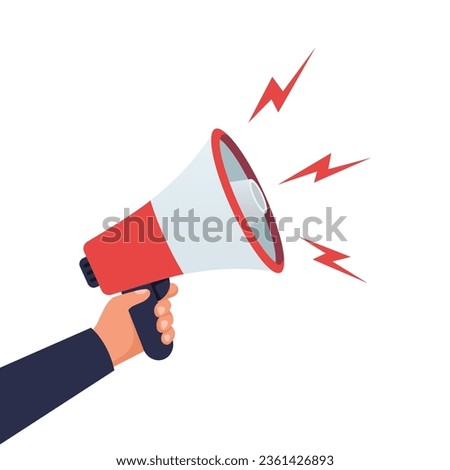 Attention please. Hand hold megaphone. Speaker, loudspeaker. Advertising and promotion symbol. Bullhorn cartoon. Social media marketing concept. Vector illustration flat design. Landing page template.
