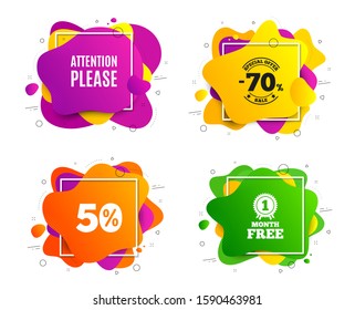 Attention please. Liquid shape, various colors. Special offer sign. Important information symbol. Geometric vector banner, square frames. Attention please text. Gradient shape badge. Vector