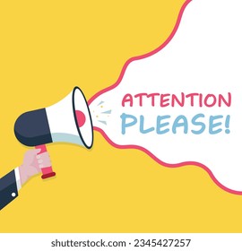 Attention Please - Male hand holding megaphone. Loudspeaker. Banner for business, marketing and advertising. Vector illustration