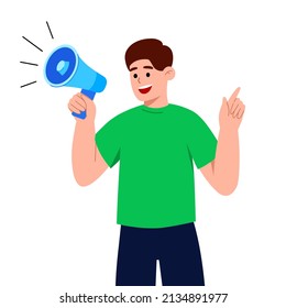 Attention please. Man hold megaphone. Speaker, loudspeaker. Advertising and promotion symbol. Bullhorn cartoon. Social media marketing concept. Vector illustration flat design. 