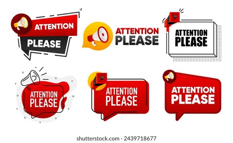 Attention Please. Megaphone label collection with text. Marketing and promotion. Vector Illustration.