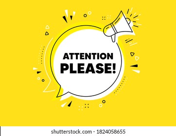 Attention please. Megaphone yellow vector banner. Special offer sign. Important information symbol. Thought speech bubble with quotes. Attention please chat think megaphone message. Vector