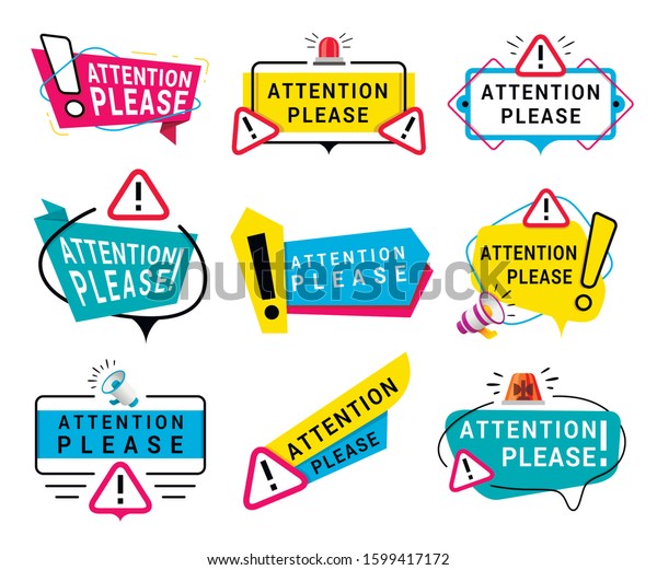 Attention please message color vector signs\
set. Important information notification stickers pack. Stylized\
speech bubbles with loudspeaker, flasher, exclamation mark and\
warning symbols\
collection