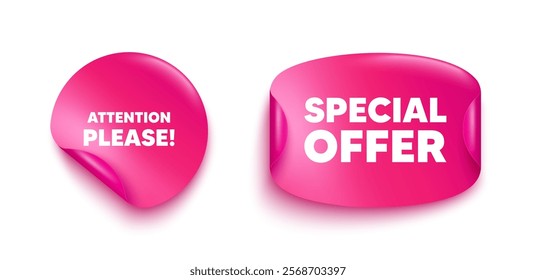 Attention please sticker banner. Paper price label. Attention please tag. Special offer sign. Important information symbol. Paper sticker with message. Offer label banner. Vector