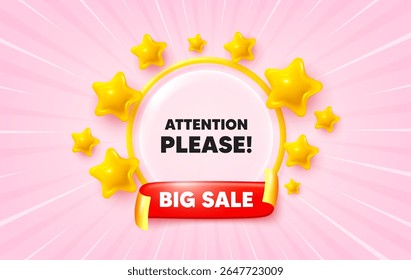 Attention please sunburst ray banner. Big sale flag ribbon. Attention please tag. Special offer sign. Important information symbol. 3d stars glitter. Red ribbon tag. Discount offer. Vector