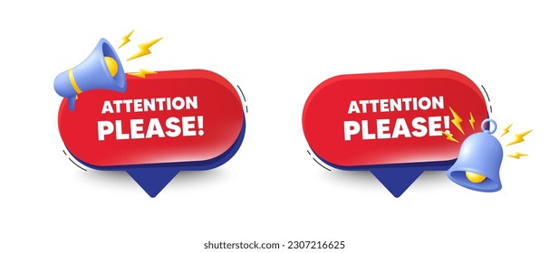 Attention please tag. Speech bubbles with 3d bell, megaphone. Special offer sign. Important information symbol. Attention please chat speech message. Red offer talk box. Vector