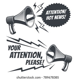 Attention please vector symbols with voice megaphone. Commercial poster with megaphone and message bubble illustration