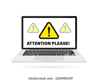 Attention please! Warning on a bright yellow banner. Design with laptop in mind. Vector illustration