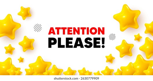 Atenção, por favor, ganhe o banner com estrelas 3d. Banner das estrelas douradas. Atenção, por favor, marque. Sinal de oferta especial. Símbolo de informações importantes. Revisar plano de fundo da taxa. Vetor