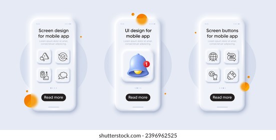 Attention, Pos terminal and 360 degree line icons pack. 3d phone mockups with bell alert. Glass smartphone screen. Rate button, Approved, Chat message web icon. Vector