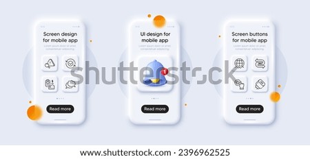 Attention, Pos terminal and 360 degree line icons pack. 3d phone mockups with bell alert. Glass smartphone screen. Rate button, Approved, Chat message web icon. Vector