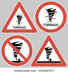 Attention. Possibility of a tornado.Sign,set.Warning poster about the possibility of a dangerous natural phenomenon in the airspace 
and on the earth's surface.