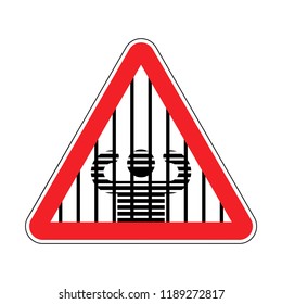 Attention prison. Caution jail. Red road sign. Warning Criminals

