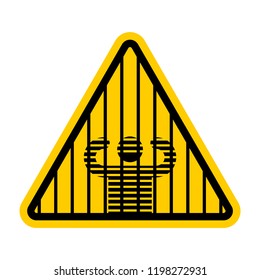 Attention prison. Caution jail. Yellow road sign. Warning Criminals