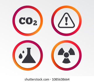 Attention and radiation icons. Chemistry flask sign. CO2 carbon dioxide symbol. Infographic design buttons. Circle templates. Vector