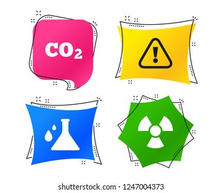 Attention and radiation icons. Chemistry flask sign. CO2 carbon dioxide symbol. Geometric colorful tags. Banners with flat icons. Trendy design. Vector