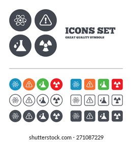Attention and radiation icons. Chemistry flask sign. Atom symbol. Web buttons set. Circles and squares templates. Vector