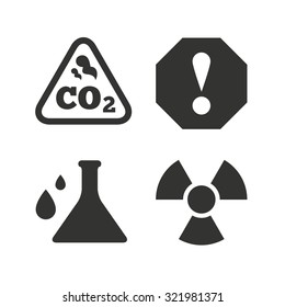 Attention and radiation icons. Chemistry flask sign. CO2 carbon dioxide symbol. Flat icons on white. Vector