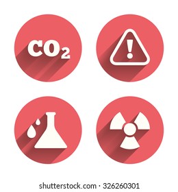Attention and radiation icons. Chemistry flask sign. CO2 carbon dioxide symbol. Pink circles flat buttons with shadow. Vector