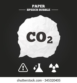 Attention and radiation icons. Chemistry flask sign. CO2 carbon dioxide symbol. Paper speech bubble with icon.