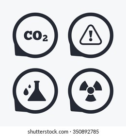 Attention and radiation icons. Chemistry flask sign. CO2 carbon dioxide symbol. Flat icon pointers.
