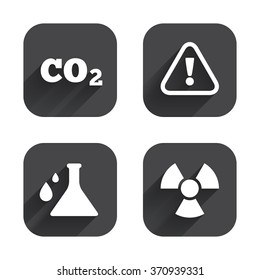 Attention and radiation icons. Chemistry flask sign. CO2 carbon dioxide symbol. Square flat buttons with long shadow.