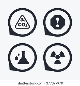Attention and radiation icons. Chemistry flask sign. CO2 carbon dioxide symbol. Flat icon pointers.