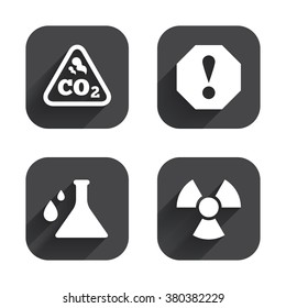 Attention and radiation icons. Chemistry flask sign. CO2 carbon dioxide symbol. Square flat buttons with long shadow.