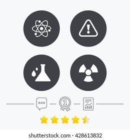 Attention and radiation icons. Chemistry flask sign. Atom symbol. Chat, award medal and report linear icons. Star vote ranking. Vector