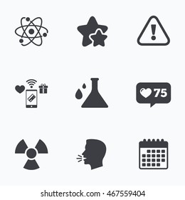 Attention and radiation icons. Chemistry flask sign. Atom symbol. Flat talking head, calendar icons. Stars, like counter icons. Vector