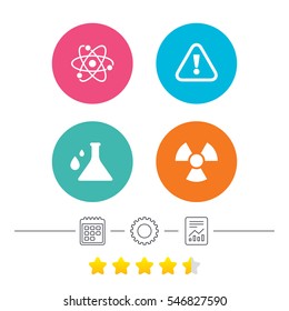 Attention and radiation icons. Chemistry flask sign. Atom symbol. Calendar, cogwheel and report linear icons. Star vote ranking. Vector
