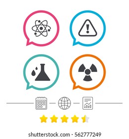 Attention and radiation icons. Chemistry flask sign. Atom symbol. Calendar, internet globe and report linear icons. Star vote ranking. Vector
