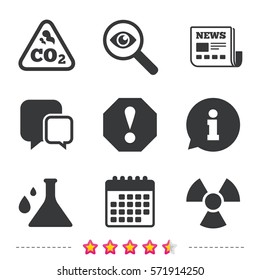 Attention and radiation icons. Chemistry flask sign. CO2 carbon dioxide symbol. Newspaper, information and calendar icons. Investigate magnifier, chat symbol. Vector