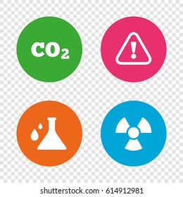 Attention and radiation icons. Chemistry flask sign. CO2 carbon dioxide symbol. Round buttons on transparent background. Vector