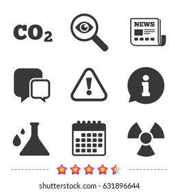 Attention and radiation icons. Chemistry flask sign. CO2 carbon dioxide symbol. Newspaper, information and calendar icons. Investigate magnifier, chat symbol. Vector