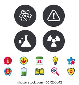 Attention and radiation icons. Chemistry flask sign. Atom symbol. Calendar, Information and Download signs. Stars, Award and Book icons. Light bulb, Shield and Search. Vector