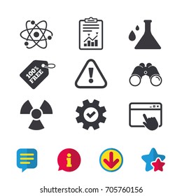 Attention and radiation icons. Chemistry flask sign. Atom symbol. Browser window, Report and Service signs. Binoculars, Information and Download icons. Stars and Chat. Vector