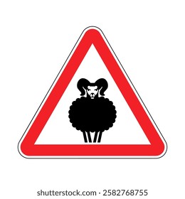 Attention Ram. Red road sign. Caution Sheep