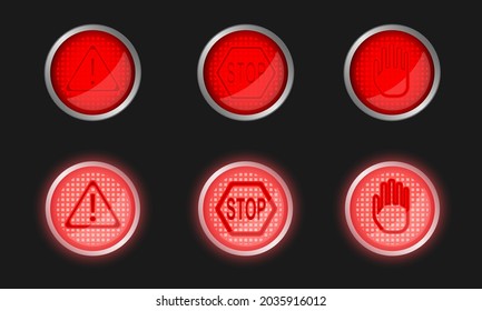 Attention red design button, on-off led light. Vector illustration.